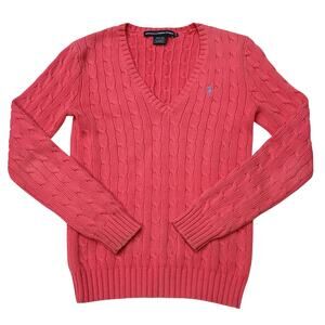Vintage Ralph Lauren Sport Sweater Womens Medium Pink V Neck Cable Knit Preppy